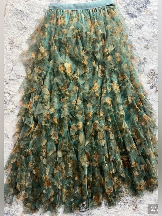 amber sky Dresses & Skirts - Green Floral Tulle Skirt Tiered Midi/ Boho Cottagecore Romantic Skirt